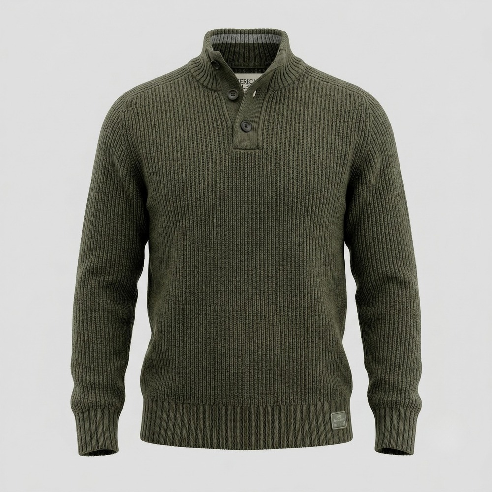 American Eagle Mens XXL Olive Green Sweater Mock Neck Henley Shaker Stitch